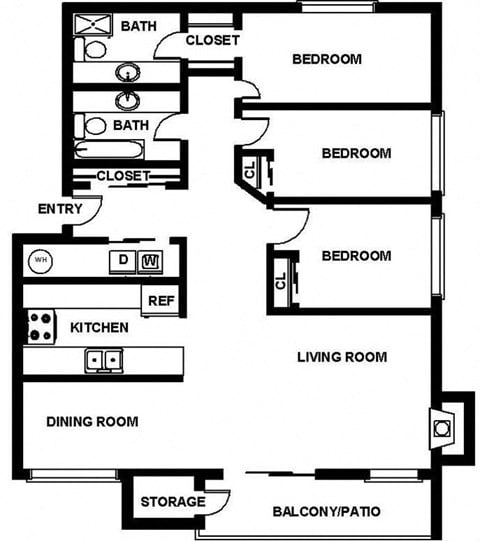 Floor plan for 3 beds, 2 baths, 1150 sqft